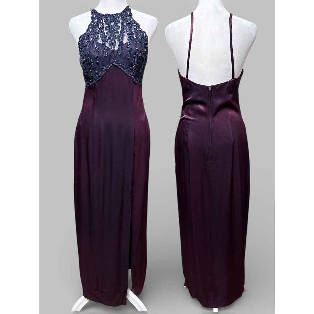 Vintage Blondie Me Linda Bernell Dress 5 Purple Beaded Halter Satin Prom USA 90s